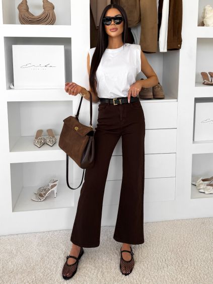 Tmavě hnědé wide leg široké džíny CALYDRA