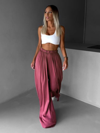 Malinové široké volné dlouhé kalhoty OLVIRA