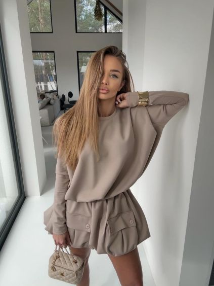 Hnědý teplákový stylový komplet TAUPE se sukní