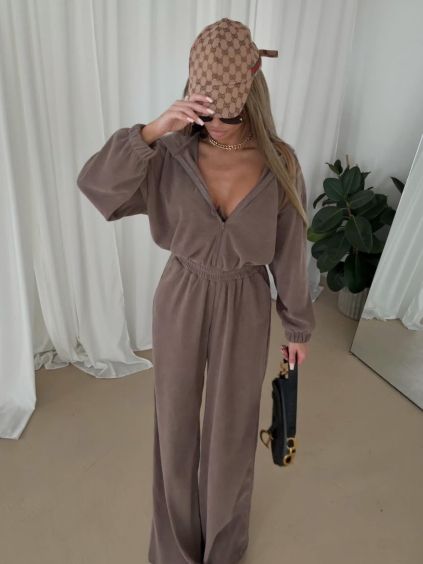 Hnědý dlouhý luxusní overal VYXEN s kapucí