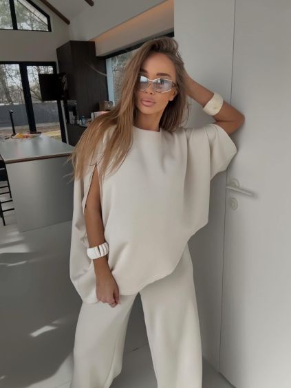 Krémový kalhotový elegantní dlouhý komplet ECRIA