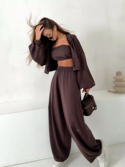 Tmavě hnědý mikinový stylový dlouhý komplet COMFRA