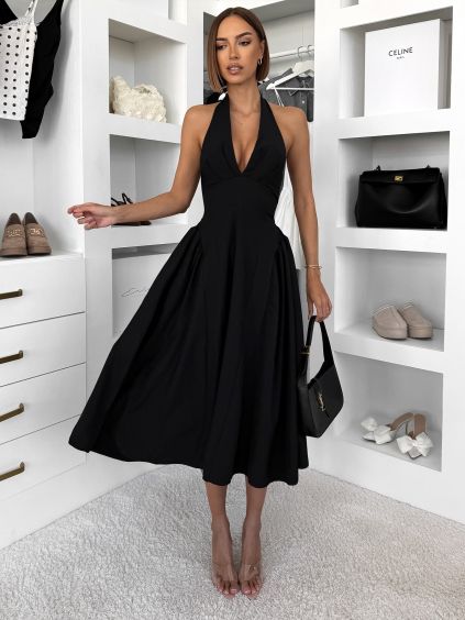 Černé společenské vypasované tvarující áčkové midi šaty VORTA