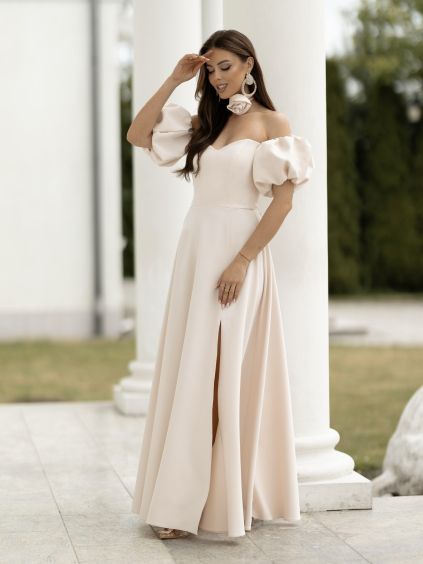 Krémové elegantní luxusní dlouhé šaty LAVIRA s rukávky