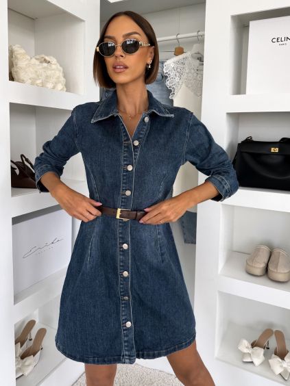 Modré džínové krátké denim šaty CRYSTAL s dlouhým rukávem