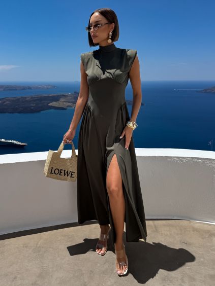Khaki elegantní dlouhé midi šaty ALSERA