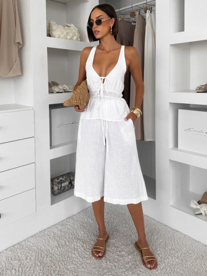 Bílé lněné volné culottes kalhoty ILUMINA