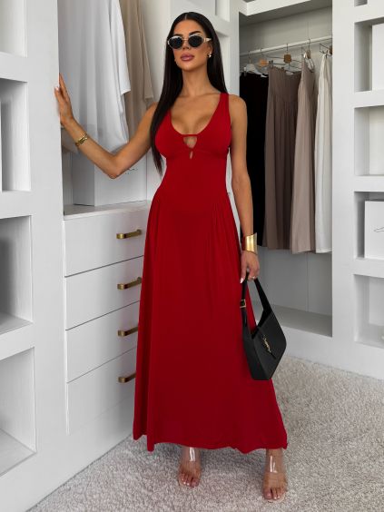 Červené dlouhé elegantní šaty VELIXO s výstřihem