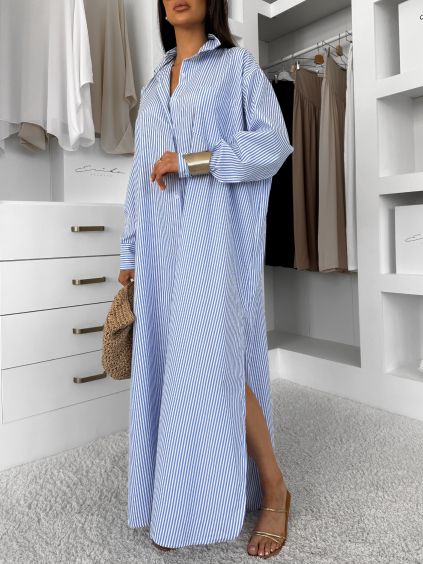 Modré pruhované dlouhé basic oversized bavlněné košilové šaty FLARETA