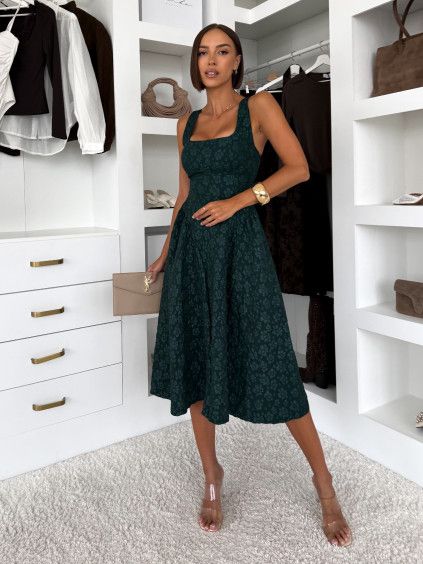 Smaragdové vypasované elegantní midi šaty BLOOMIRA