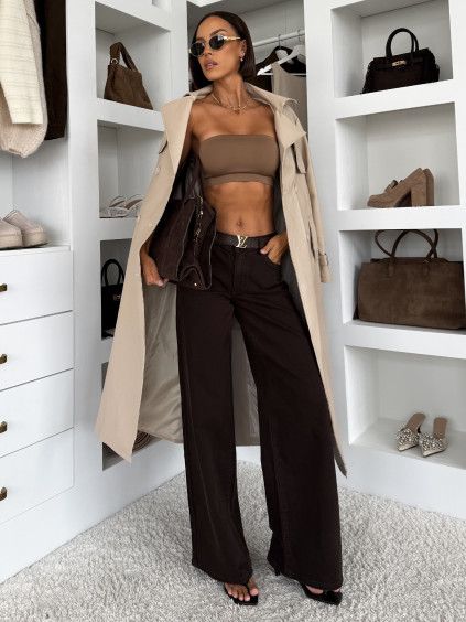 Tmavě hnědé wide leg široké extra dlouhé džíny SELAVIE