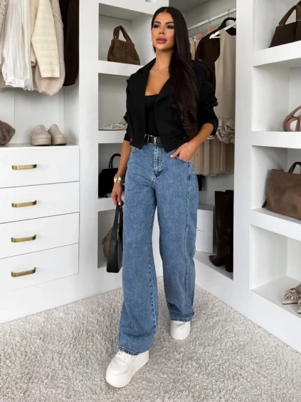 Modré tmavší wide leg široké džíny dlouhé MAVELY s vysokým pasem