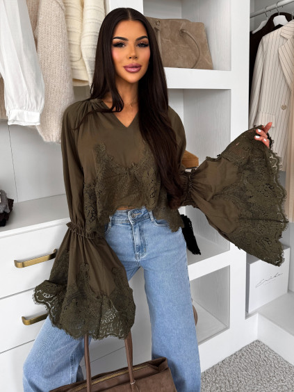 Khaki 100% bavlněná elegantní krátká halenka CLEOAA s krajkou