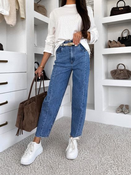 Modré mom fit široké stylové džíny CEROTA