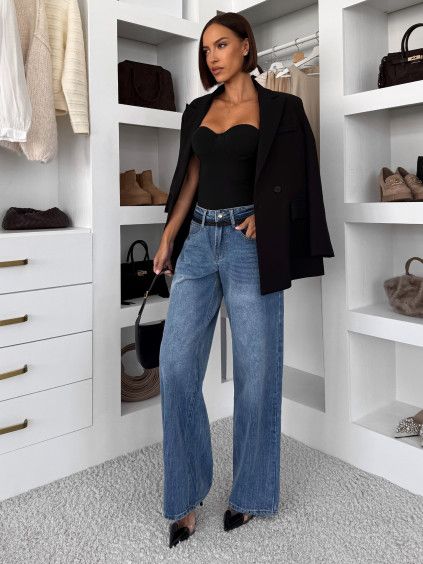 Modré wide leg trendy extra dlouhé široké džíny ASTERIA