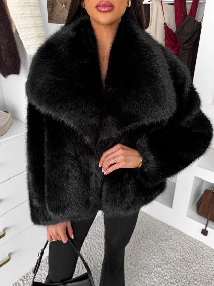 Černý faux fur kožešinový kabátek AURALIE s límcem