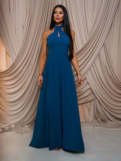 Petrolejové společenské elegantní dlouhé šaty ISELLA