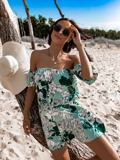 Tyrkysový krátký overal IMAGE s květinovým potiskem