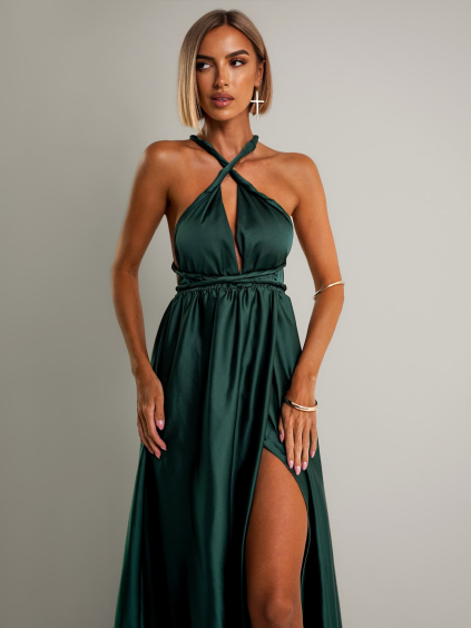 Smaragdové lesklé šaty VALERDI s variabilním vázáním a rozparkem