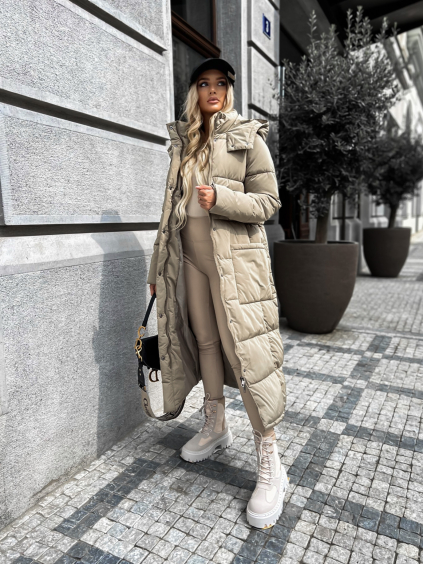 Tmavě béžová dlouhá prošívaná bunda WALNUT s kapsami