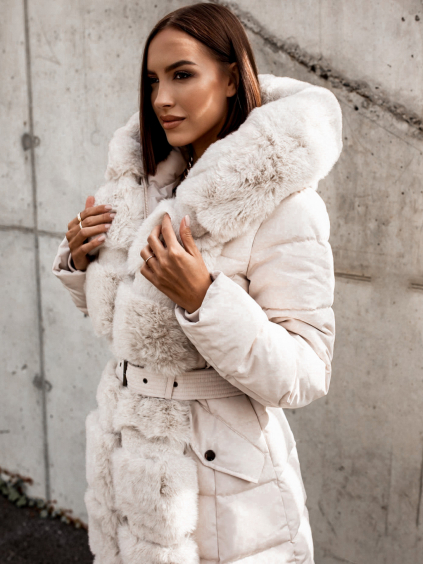 Krémová bunda ZOFIA s kožešinou a páskem