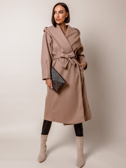 Světle hnědý elegantní kabát WALLES s kapucí