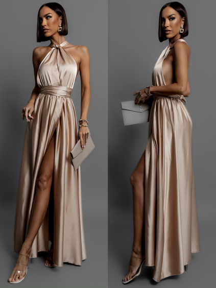 Béžové lesklé šaty VALERDI s variabilním vázáním a rozparkem