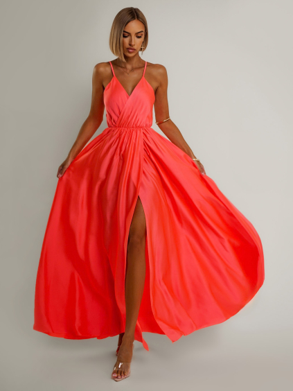 Korálové lesklé dlouhé plesové šaty CHRYSANTHE