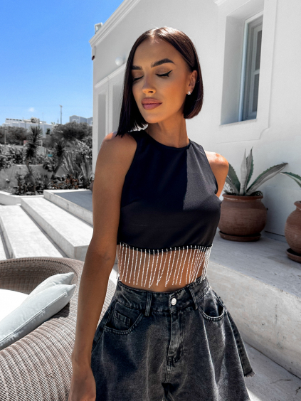 Černý crop top HYDRAY s třpytivými třásněmi