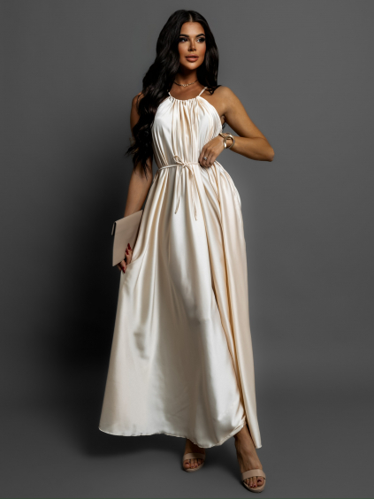 Krémové dlouhé lesklé elegantní šaty MADES