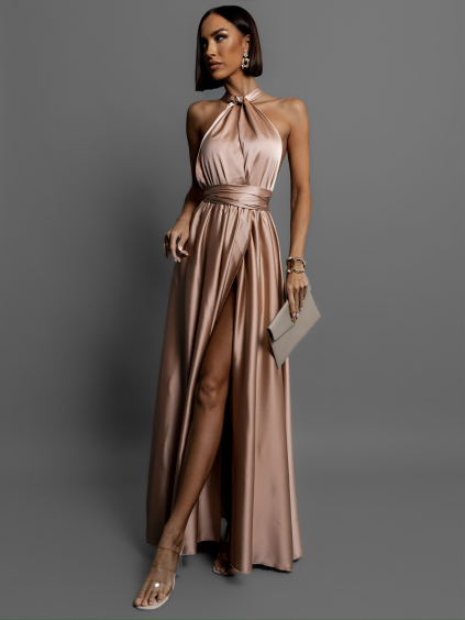 Zlaté lesklé šaty VALERDI s variabilním vázáním a rozparkem