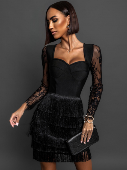 Černé koktejlové elegantní šaty HOLLDER s třásněmi