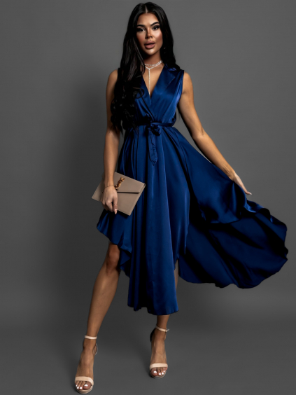 Tmavě modré saténové šaty BLAINE s vázáním