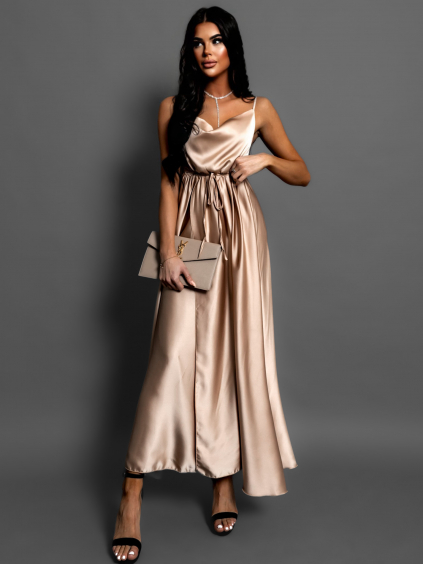 Zlaté saténové elegantní šaty YASMINE s rozparkem