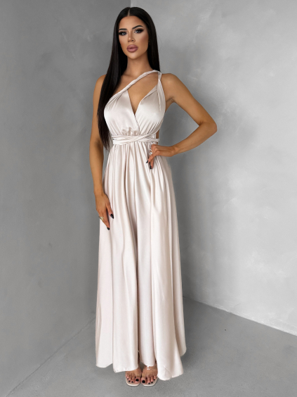 Béžové saténové šaty VALERDY s variabilním vázáním / bez rozparku