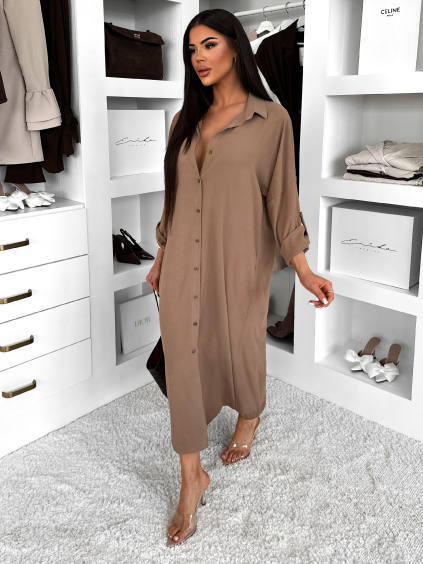 Hnědé basic dlouhé košilové šaty košile NESSY