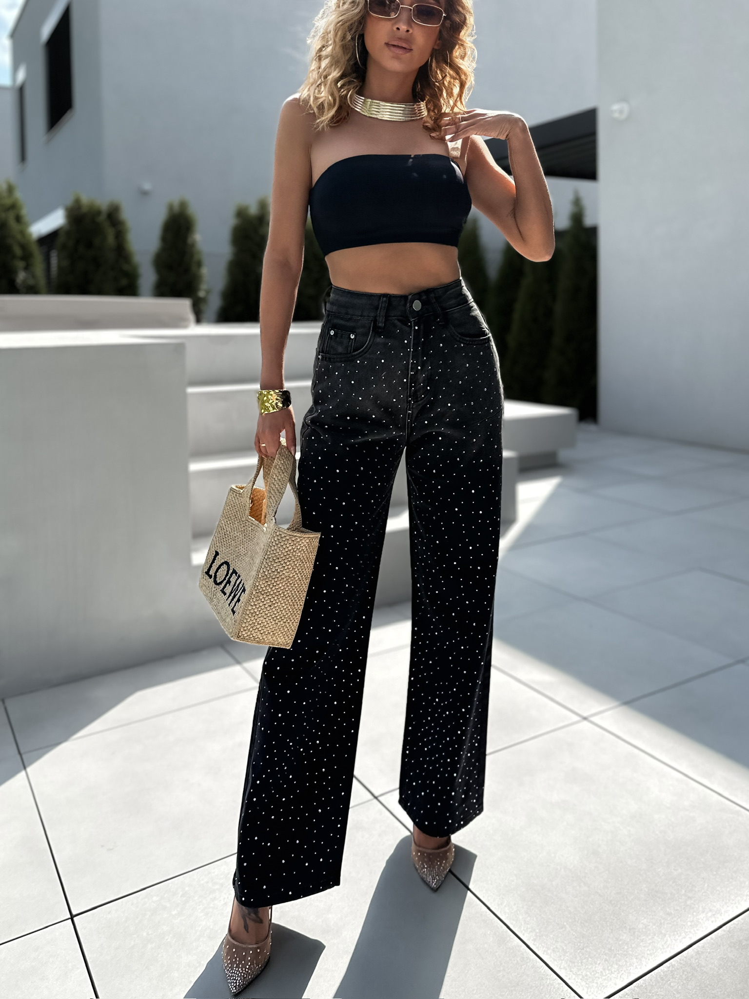 Černé wide leg široké džíny STUART s kamínky 