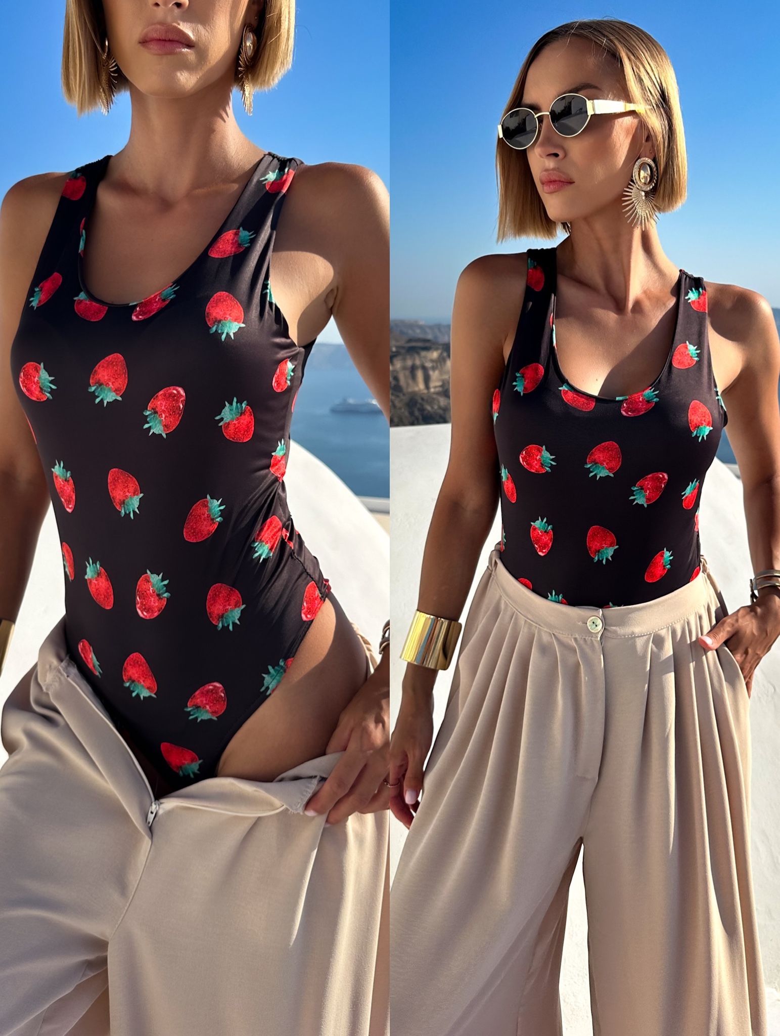 Černé elastické body SUMFRESH s jahodami Velikost: ONESIZE