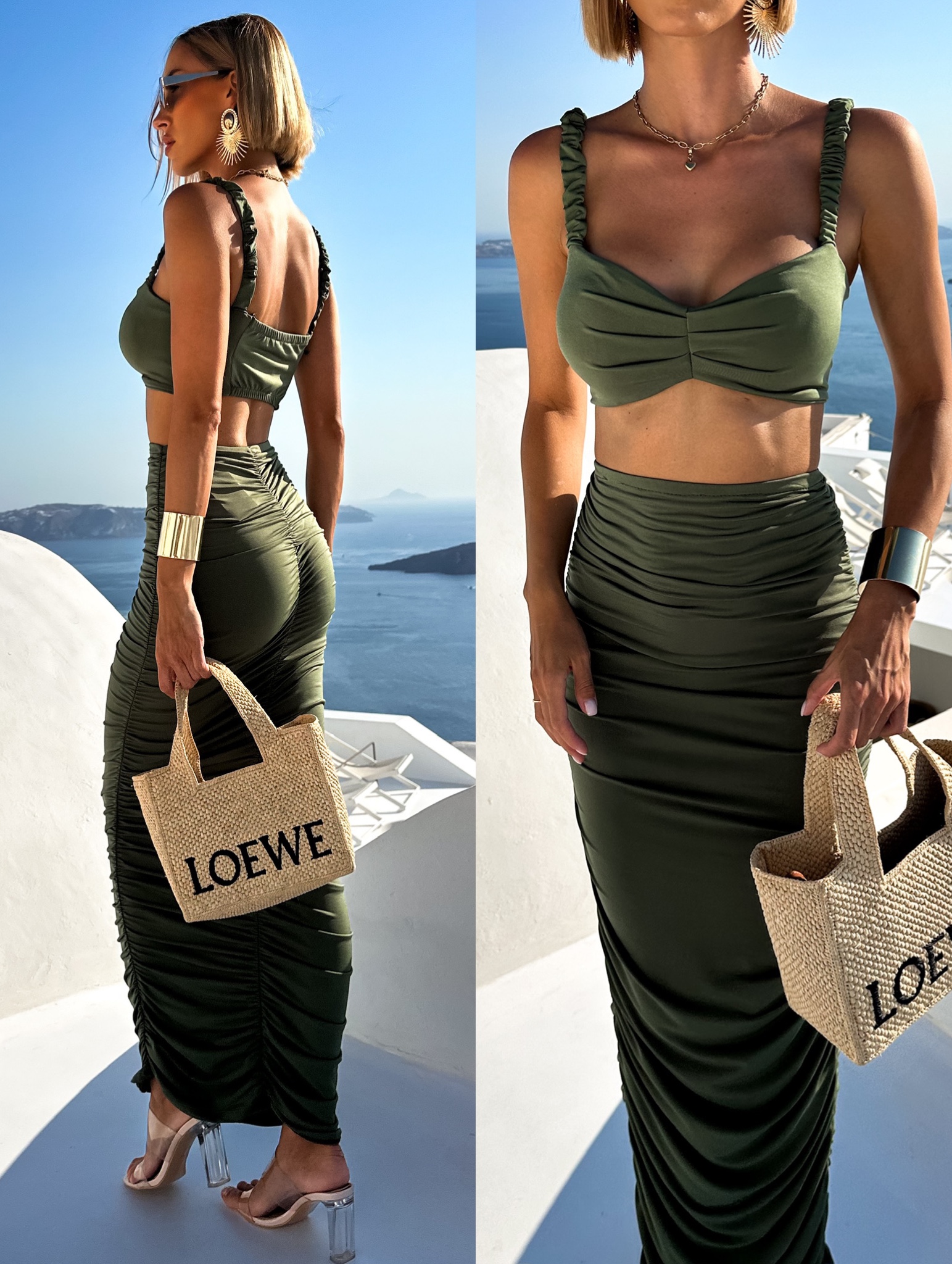 Khaki elastický komplet TIRIACI se sukní Velikost: ONESIZE