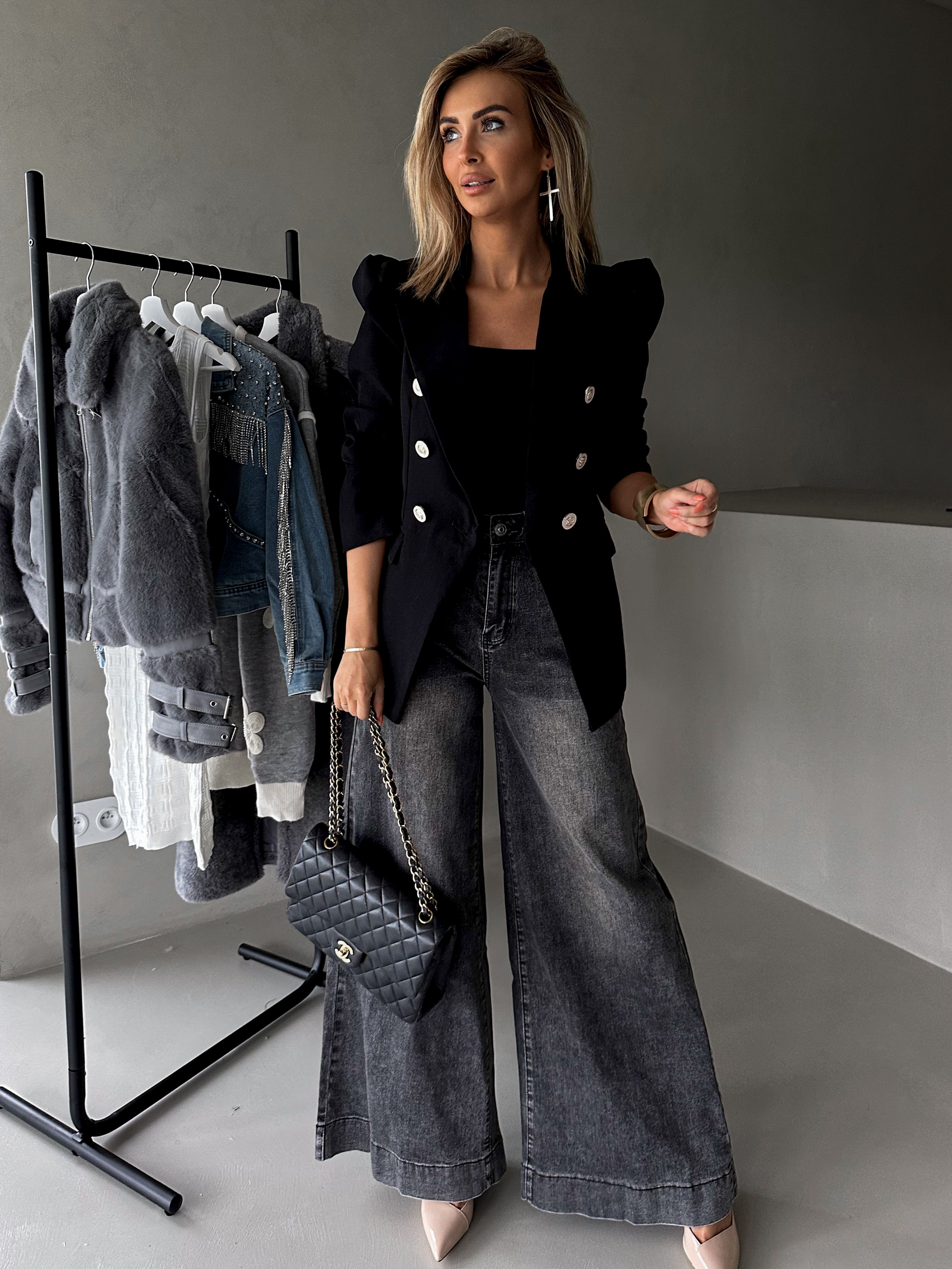 Šedé široké wide leg džíny JEZABEL 