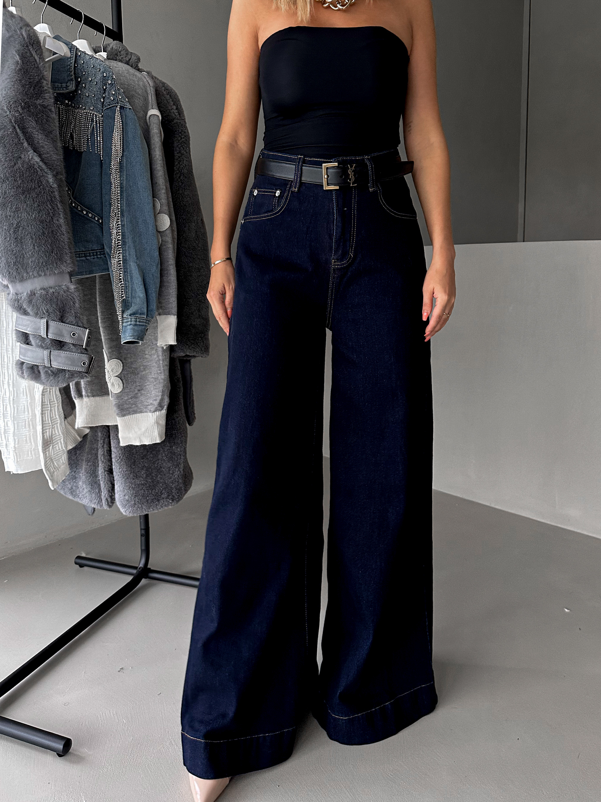 Tmavě modré wide leg široké džíny JEZABEL 