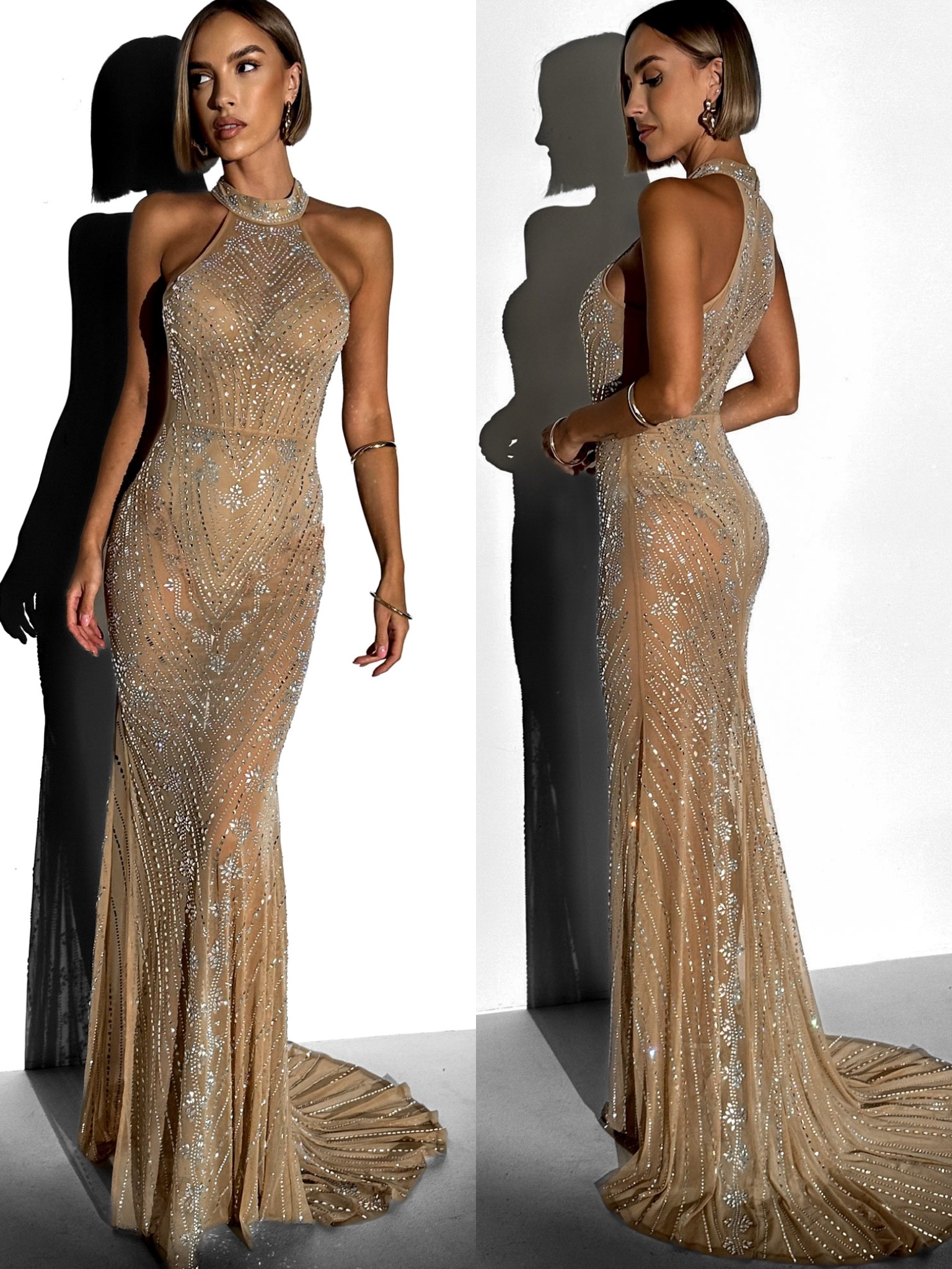 Levně Hnědé večerní dlouhé třpytivé šaty FARMER s kamínky