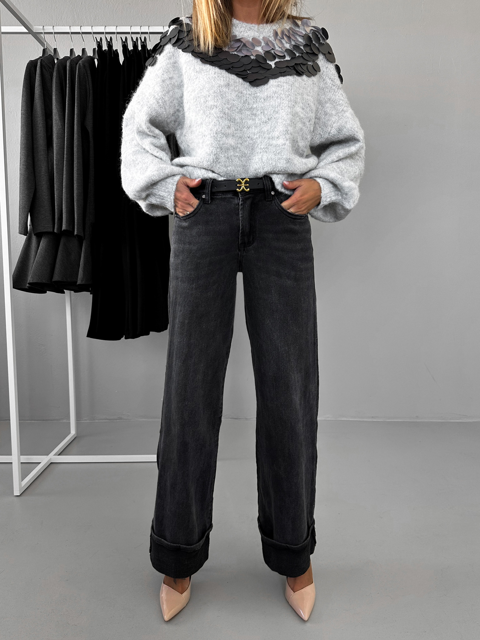 Černé stylové široké wide leg džíny OHALON 