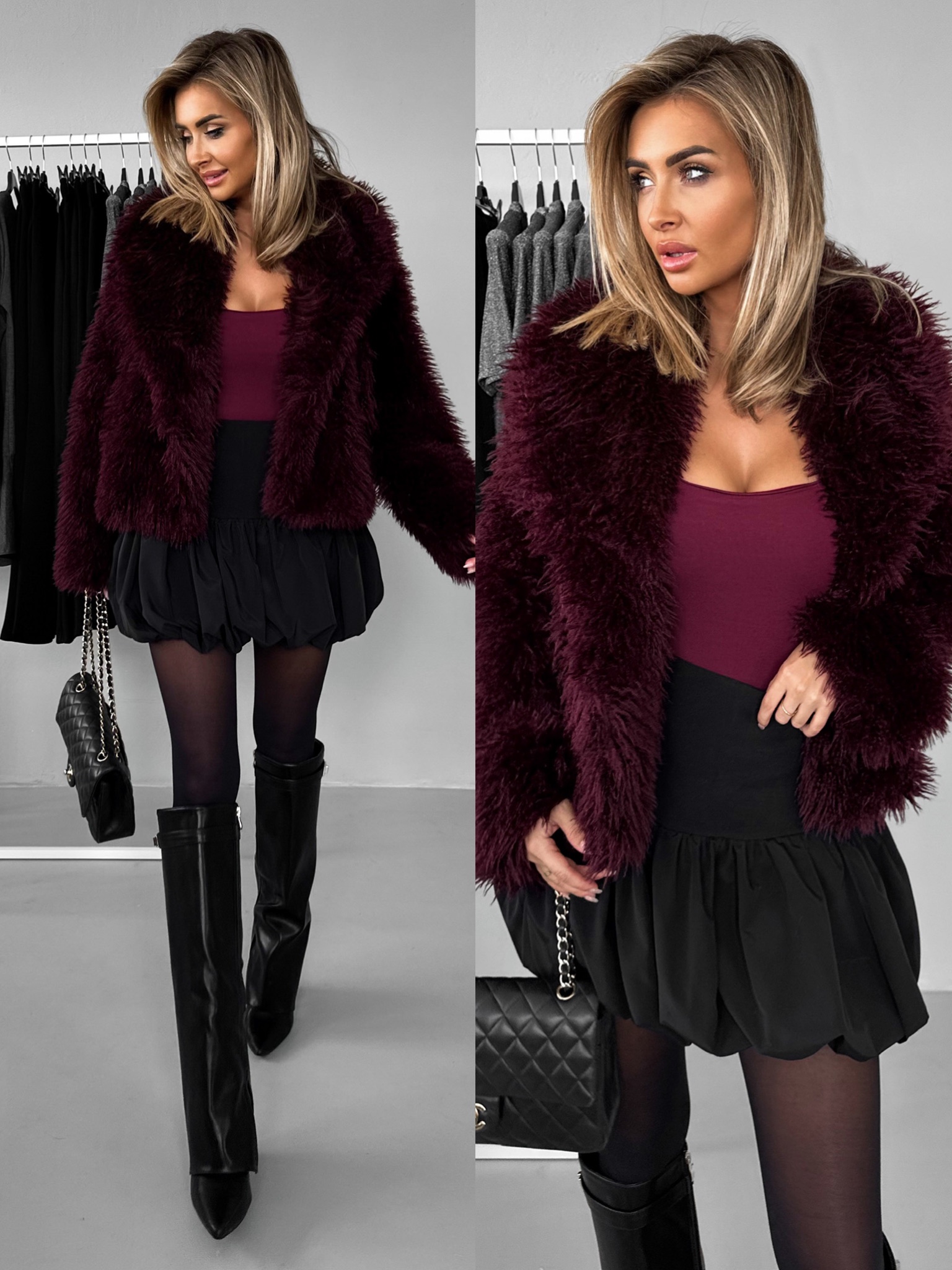 Levně Bordó kožešinový faux fur krátký kabátek VOLORYN