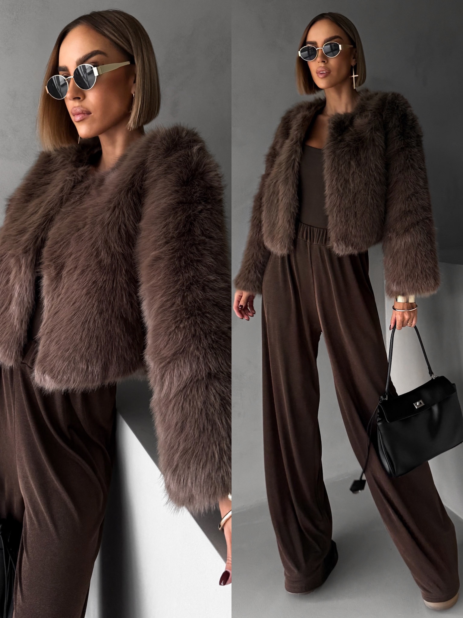 Levně Hnědý krátký faux fur kožešinový kabátek ANNELIT 