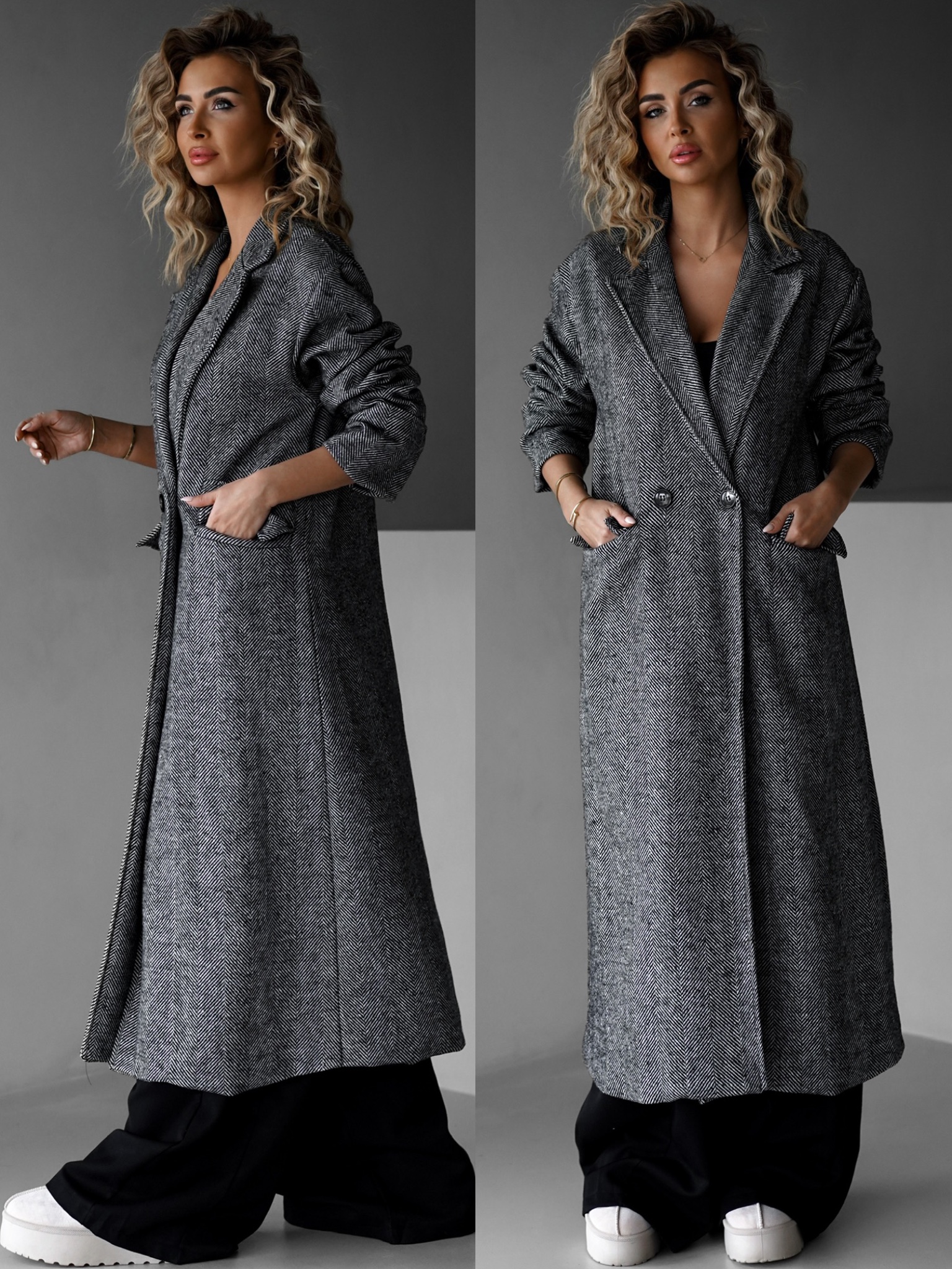 Levně Šedý dlouhý oversize elegantní kabát PRENIA 