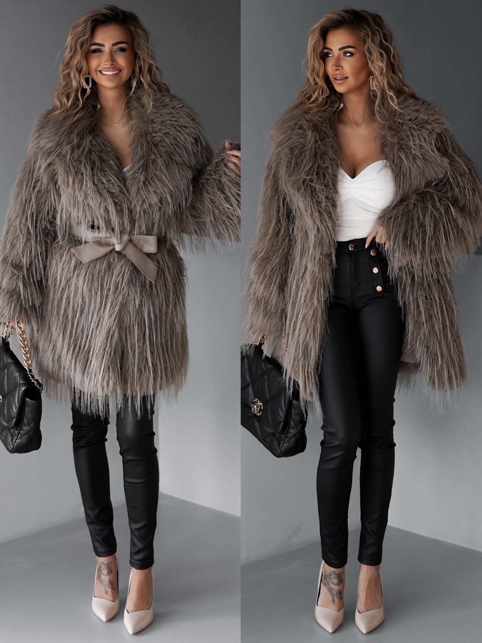 Levně Hnědý faux fur kožešinový delší kabátek ALBERTO s páskem