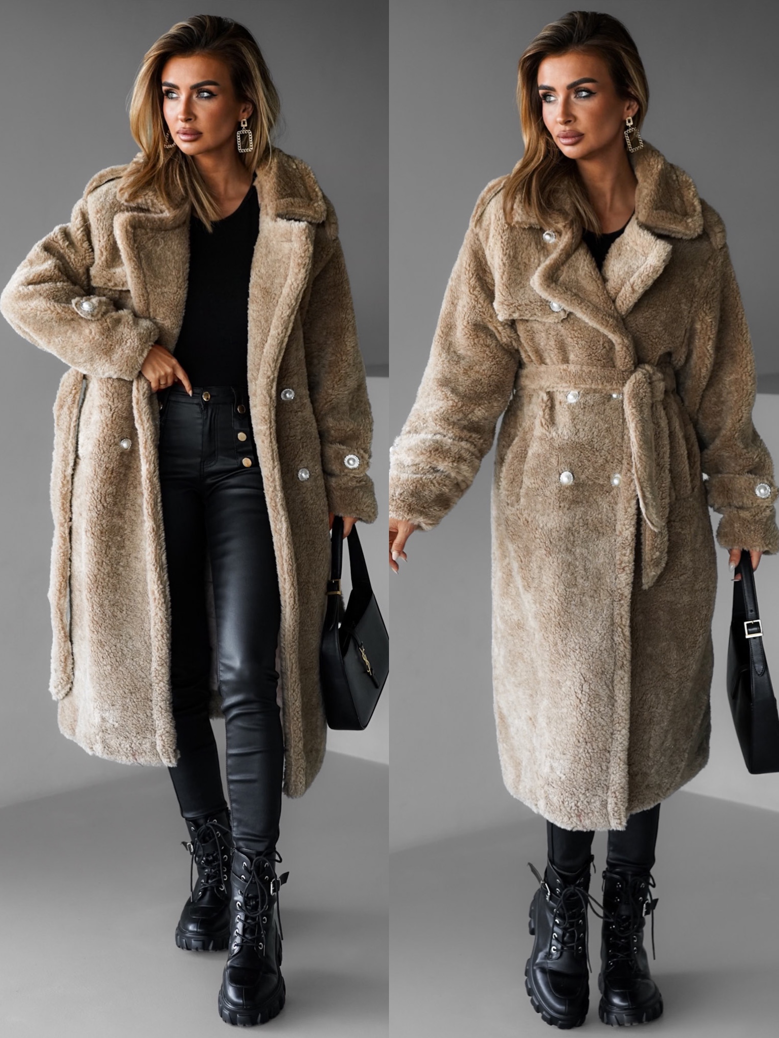 Hnědý dlouhý teddy kabát LEYLA 