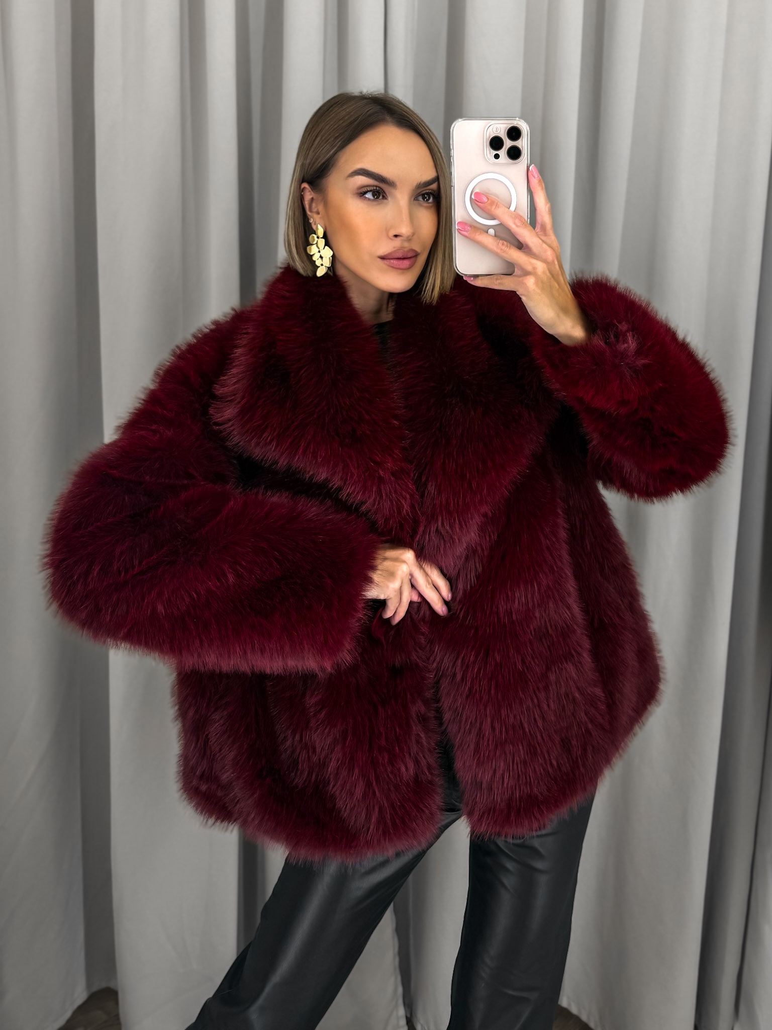 Levně Bordó faux fur kožešinový kabátek kožich BAIDE