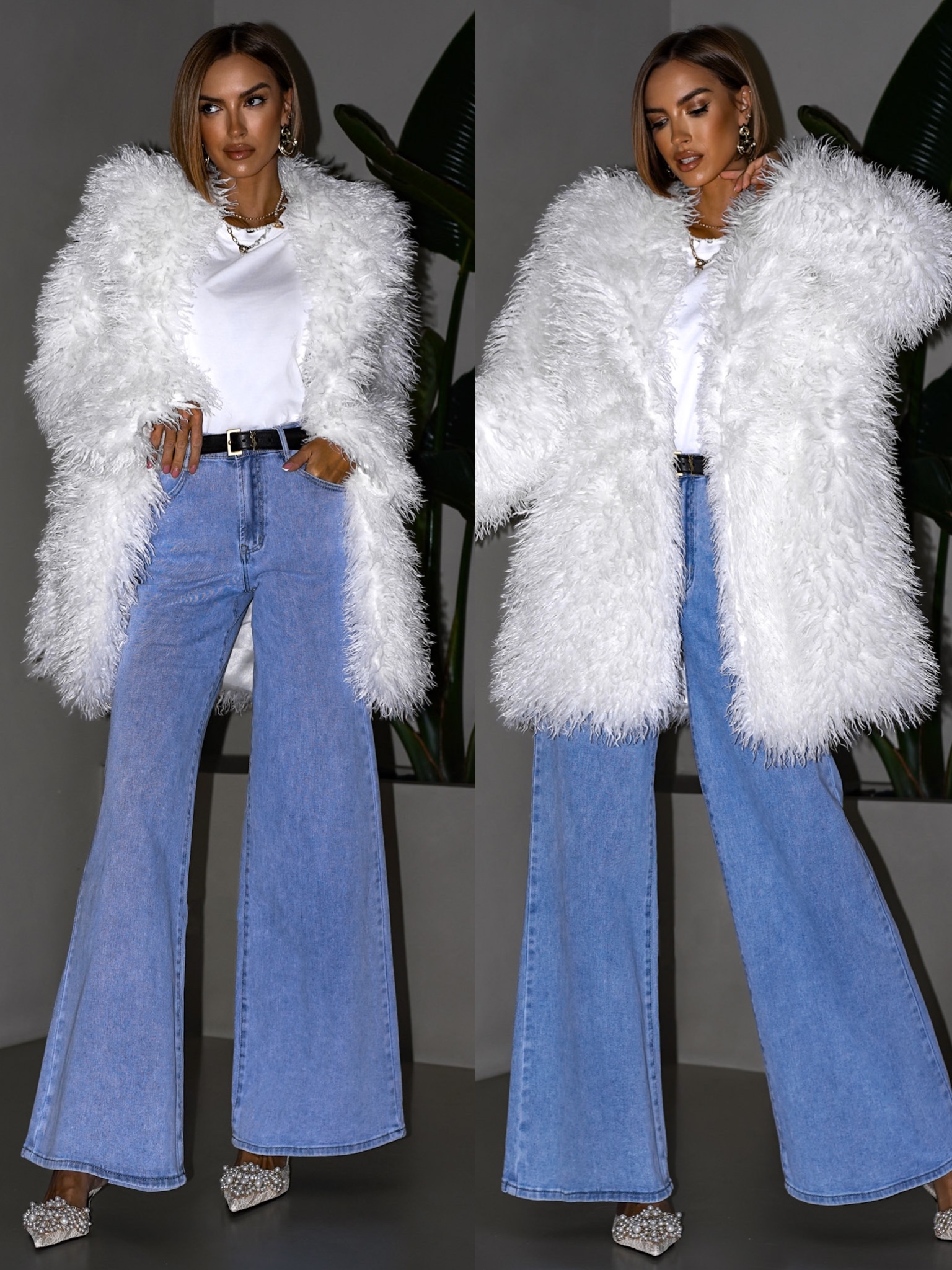 Levně Bílý faux fur kožešinový kabátek KORTNY